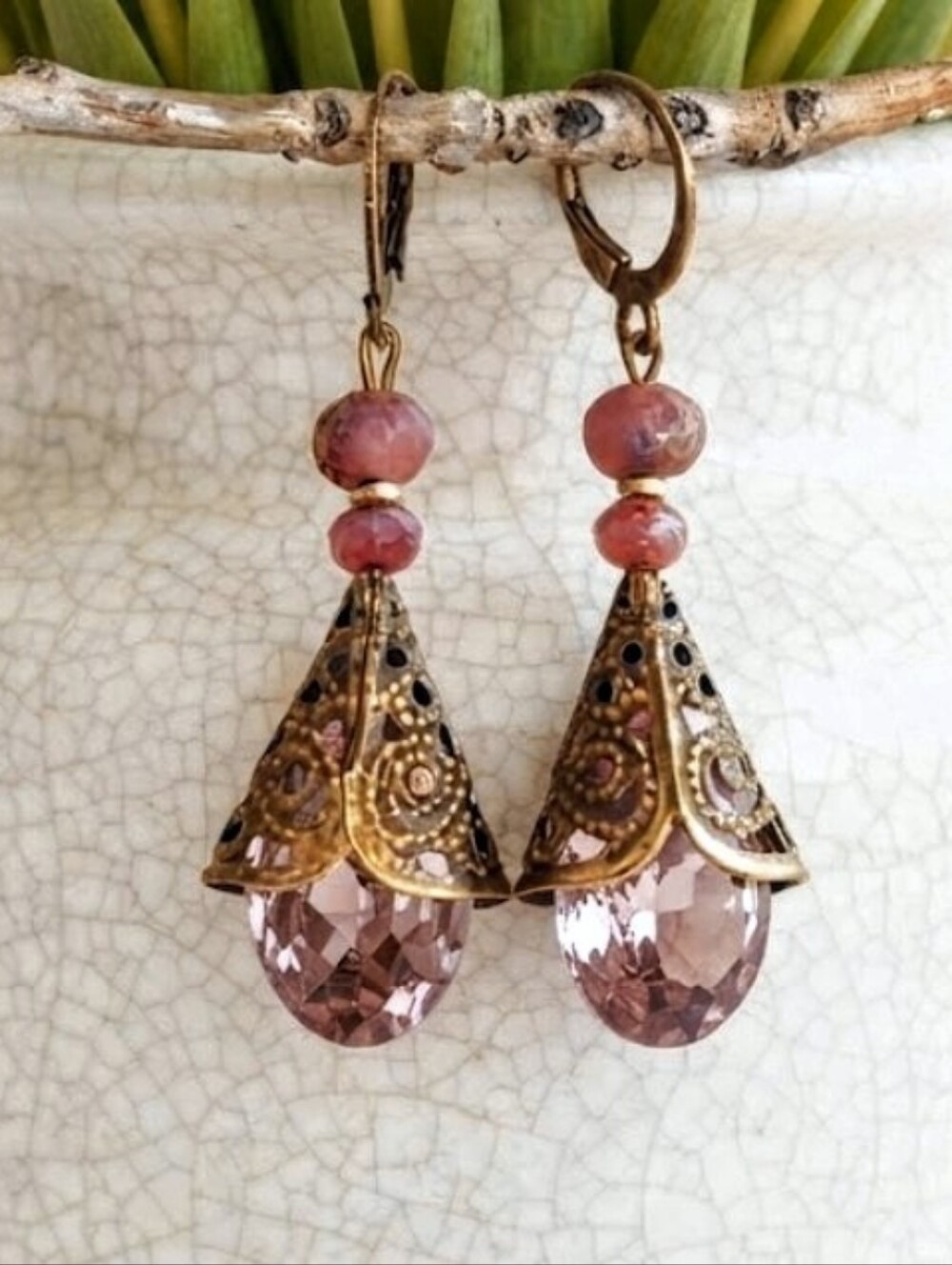 Victorian Ice Pink Swarovski Crystal & Glass Filigree Earrings In Brass